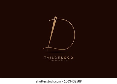 Resumen Logo de la carta inicial D Tailor, combinación de hilo y aguja con estilo de línea de color dorado, plantilla de diseño de logotipo plano, ilustración vectorial