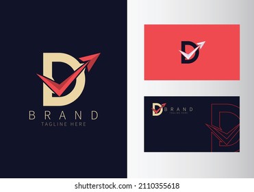Abstract Initial Letter D Travel Logo. Gold Color Shape with Red Arrow design vector illustration. Usable for Business and Branding Logos. Flat Luxury Design Template