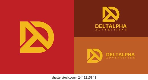 Abstract initial letter DA or AD logo in yellow color isolated on multiple red background colors. The logo is suitable for advertising firms or digital marketing businesses icon logo design template