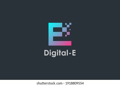 Abstract Initial Letter E Logo. Blue and Red Geometric Shape with Square Pixel Dots isolated on Black Background. Usable for Business and Technology Logos. Flat Vector Logo Design Template Element.