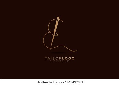 Abstract Initial Letter E Tailor logo, thread and needle combination with gold colour line style , Flat Logo Design Template, vector illustration