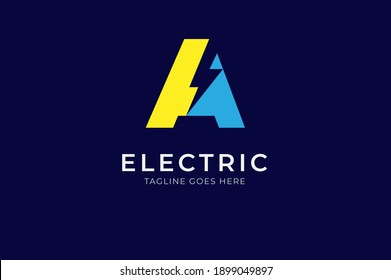 abstract initial letter A Electric logo,  letter A with thunder bolt icon inside, flat design logo template, vector illustration