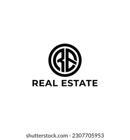 Abstract initial letter RE or ER logo in black color isolated in white background. Alphabet RE or ER illustration monogram vector logo template in round shape. Black Letter RE logo for real estate com