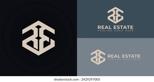 Abstract initial letter RE or ER logo in gold color isolated in multiple black backgrounds applied for real estate group company logo also suitable for the brand or company have initial name ER or RE