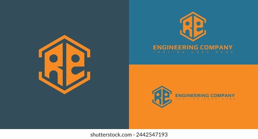 Abstract initial letter RE or ER logo in orange color isolated on multiple background colors. The logo is suitable for engineering or real estate business company logo design inspiration template