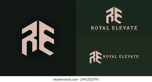 Abstract initial letter RE or ER logo in gold color isolated on multiple background colors. The logo is suitable for property and construction company logo design inspiration templates.