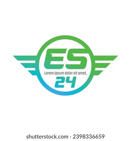 abstract initial letter ES logo in green color with wings ornament in circle shape