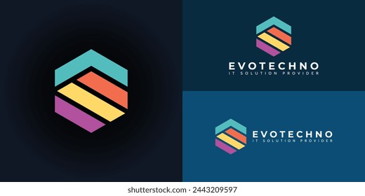 abstract initial letter ET or TE logo in a hexagon shape in blue, orange, yellow, and violet color isolated on multiple background colors. The logo is suitable for IT provider solution logo design