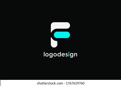 Abstract Initial Letter F Logo. White Blue Linear Rounded Style isolated on Black Background. Usable for Business and Branding Logos. Flat Vector Logo Design Template Element