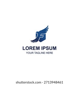 Abstractas logotipo inicial de la letra F integrado con el águila voladora y el símbolo del escudo, color azul sólido moderno