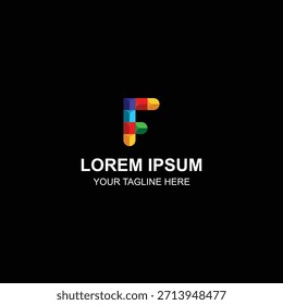 Logotipo inicial Abstractas de la letra F hecho de Formas geométricas simples y cubos coloridos sobre fondo negro