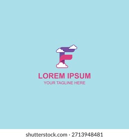 Logotipo inicial Abstractas de la letra F con el símbolo de la nube, fondo azul celeste, estilo divertido, color púrpura y rosado