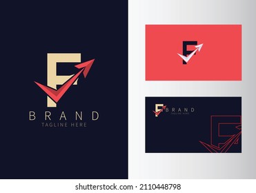 Abstract Initial Letter F Travel Logo. Gold Color Shape with Red Arrow design vector illustration. Usable for Business and Branding Logos. Flat Luxury Design Template
