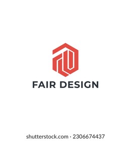 Abstract initial letter FD or DF logo in red color isolated in white background. Creative modern abstract illustration of initials FD Combination with hexagon, geometric logo design template.