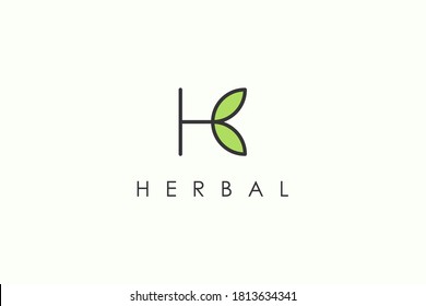 Abstract Initial Letter H Logo. Black Shape Linear Style Linked with Green Leaf Symbol. Usable for Business, Healthcare, Nature and Farm Logos. Flat Vector Logo Design Template Element.