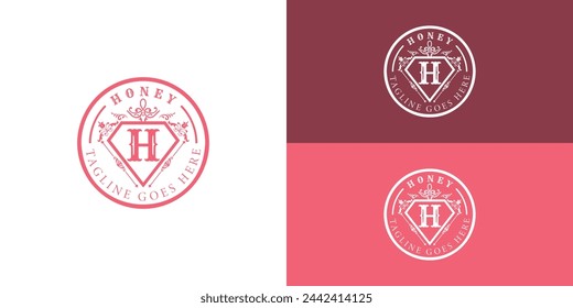 Abstract Initial letter H with retro icon stamp logo in attractive pink color isolated on multiple background colors. The logo is suitable for merchandise and beauty logo design inspiration template
