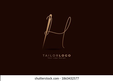 Abstract Initial Letter H Tailor logo, thread and needle combination with gold colour line style , Flat Logo Design Template, vector illustration