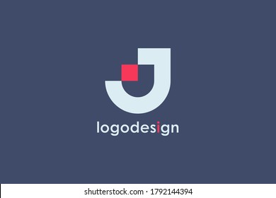 Абстрактная буква J. Логотип. Белая геометрическая форма с красной квадратной точкой, изолированная на синем фоне. Используется для логотипов для бизнеса и брендинга. Элемент шаблона дизайна плоского векторного логотипа