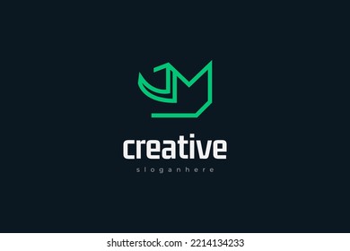 Abstract Initial Letter J and M Logo Design with Green Line Style. Suitable for Business or Technology Logo