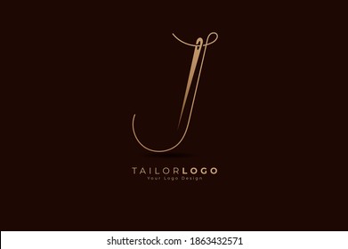 Abstract Initial Letter J Tailor logo, thread and needle combination with gold colour line style , Flat Logo Design Template, vector illustration