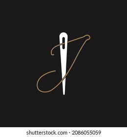 Abstract Initial Letter j Tailor logo, thread and needle combination with gold colour line style , Flat Logo Design Template, vector illustration