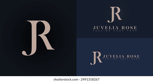 Abstract initial letter JR or RJ logo in gold color isolated on multiple background colors. The logo is suitable for beauty and fashion logo design inspiration templates.