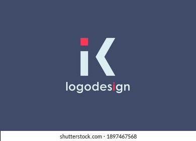 Abstract Initial Letter I and K Linked Logo. White Geometric Shape with Red Square Dot isolated on Blue Background. Usable for Business and Branding Logos. Flat Vector Logo Design Template Element.