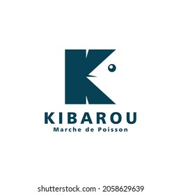 Abstract Initial Letter K Logo. Blue Letter K and Negative space Shape Fish isolated on White Background. Flat Vector Logo Design Template Element.