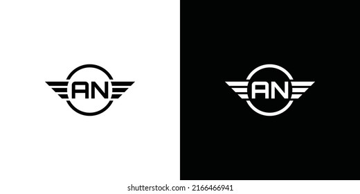 abstract initial letter AN logo in black and white color with wings ornament in circle shape