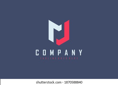 Abstract Initial Letter M and J Linked Logo. White and Red Geometric Shape Shield Arrow isolated on Blue Background. Usable for Business and Branding Logos. Flat Vector Logo Design Template Element.