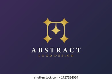 Abstract Initial Letter M Logo. Gold Square Line with Star Sparkles Combination. Usable for Business and Technology Logos. Flat Vector Logo Design Template Element.