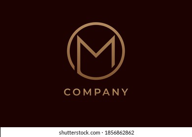 Abstract initial letter M logo, Gold linear rounded style isolated on dark background, usable for branding and business logos, Flat Logo Design Template, vector illustration