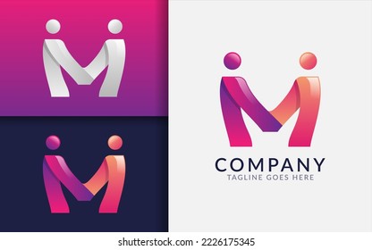 Abstract Initial Letter M Logo Design. Creative Purple Orange Connecting Partnership People with Origami Style. Vector Logo Illustration.