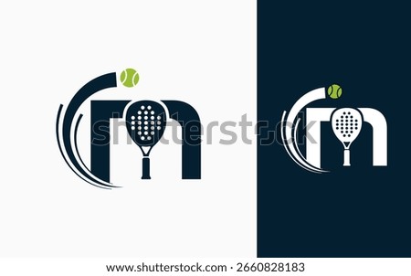 Abstract Initial letter M and Padel racket logo design vector illustration