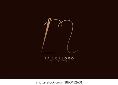 Abstract Initial Letter M Tailor logo, thread and needle combination with gold colour line style , Flat Logo Design Template, vector illustration