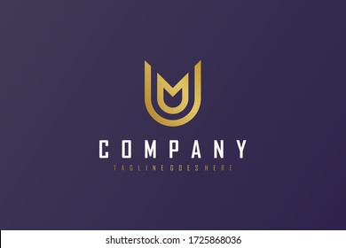 Abstract Initial Letter M and U Linked Logo. Gold Geometric Linear Style isolated on Purple Background. Usable for Business and Building Logos. Flat Vector Logo Design Template Element.