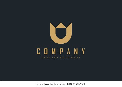 Abstract Initial Letter M and U Linked Logo. Gold Geometric Shape with Crown Symbol isolated on Black Background. Usable for Business and Branding Logos. Flat Vector Logo Design Template Element.