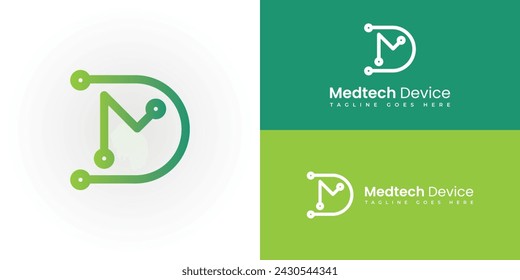 Abstract initial letter MD or DM logo in gradient green color presented with multiple background colors. The logo is suitable for medical business company logo design inspiration templates.