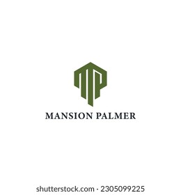 Abstract initial letter MP or PM logo in green color isolated in white background. Initial letter MP, minimalist line art hexagon logo, green color on white background.