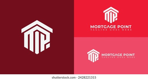 Abstract initial letter MP or PM logo in white color isolated in red backgrounds. Initial letters MP hexagon shape logo red color. Red Hexagon letter MP logo for real estate company logo design vector