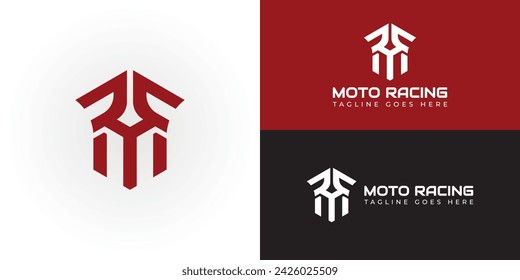 Abstract initial letter MR or RM logo in red color racing logo design template presented with multiple background colors. The logo is suitable for Moto Sport or Motor Race logo design inspiration