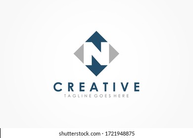 Abstract Initial Letter N Logo. Blue Arrow Up And Arrow Down With Negative Space Letter Inside. Usable For Business And Technology Logos. Flat Vector Logo Design Template Element.