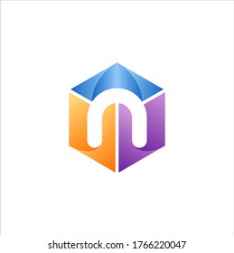 Resumen De La Letra Inicial N Concepto De Logotipo. Forma hexagonal con espacio negativo N Estilo colorido del icono N.