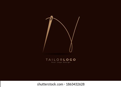 Abstract Initial Letter N Tailor logo, thread and needle combination with gold colour line style , Flat Logo Design Template, vector illustration