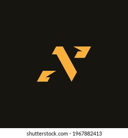 Abstract Initial Letter N with Yellow Minimalist Sharp Shape Logo Design, Isolated on Black background.