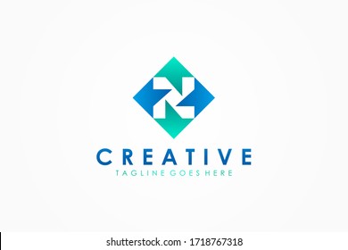 Abstract Initial Letter N or Z Logo. Blu Green Arrows with Negative Space Letter inside. Flat Vector Logo Design Template Element.