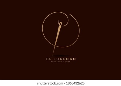 Abstract Initial Letter O Tailor logo, thread and needle combination with gold colour line style , Flat Logo Design Template, vector illustration