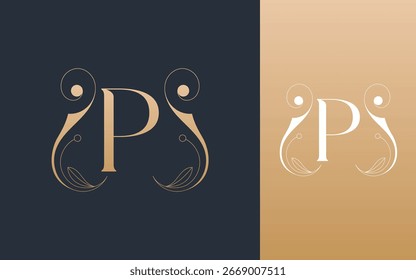 Abstract Initial letter P and swirl leaf floral decoration logo design vector illustration