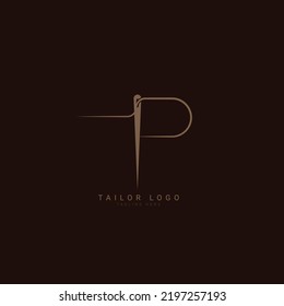 Abstract Initial Letter P Tailor logo, thread and needle combination with gold colour line style , Flat Logo Design Template, vector illustration