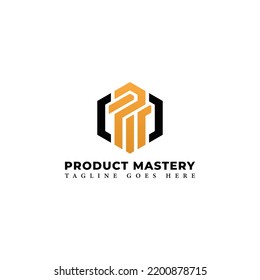 Abstract Initial Letter PM Or MP Logo In Black-yellow Color Isolated In White Background Applied For Production House Company Logo Also Suitable For The Brands Or Companies Have Initial Name MP Or PM.